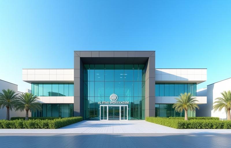 Daytime photo of the exterior of the modern academy building structure