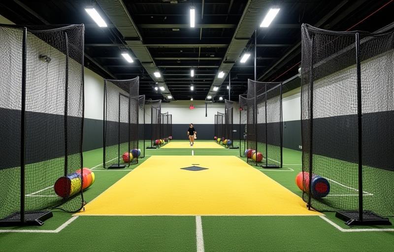 Photo of the indoor batting cage and training area with pitching machines and nets