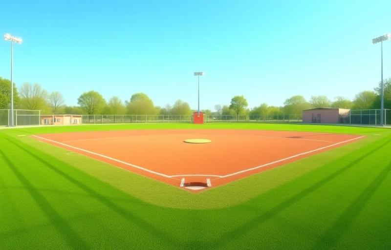 Wide panoramic view of the main softball field at Al Etihad Sports Academy, showing manicured grass and foul lines