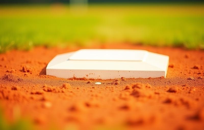 Close-up view of the softball field infield and base area, highlighting the quality clay and base